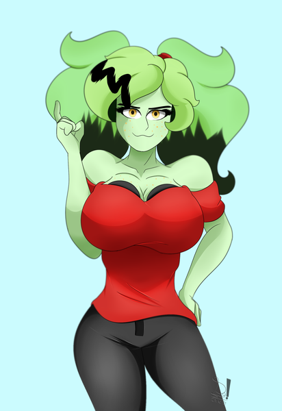 Size: 1750x2550 | Tagged: safe, artist:diamondgreenanimat0, derpibooru import, oc, oc:diamondgreen, human, black hair, blouse, breasts, green hair, hand on hip, hips, image, light blue background, png, redraw, red shirt, simple background, watch