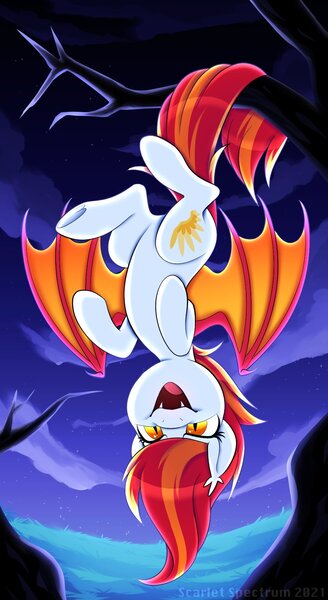 Size: 938x1718 | Tagged: safe, artist:scarlet-spectrum, derpibooru import, oc, oc:diamond sun, unofficial characters only, bat pony, pony, commission, female, halloween, hanging, hanging upside down, holiday, image, jpeg, mare, night, nightmare night, tree, tree branch, upside down, ych result