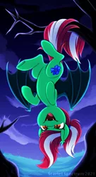 Size: 938x1718 | Tagged: safe, artist:scarlet-spectrum, derpibooru import, oc, oc:spring wind, unofficial characters only, bat pony, pony, commission, female, halloween, hanging, hanging upside down, holiday, image, jpeg, mare, night, nightmare night, tree, tree branch, upside down, ych result