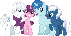Size: 8280x4288 | Tagged: safe, artist:thatusualguy06, derpibooru import, double diamond, night glider, party favor, sugar belle, earth pony, pegasus, pony, unicorn, .svg available, absurd resolution, clothes, equal four, female, group, image, looking at each other, male, mare, mlp fim's eleventh anniversary, open mouth, open smile, png, raised hoof, scarf, simple background, smiling, smiling at each other, stallion, transparent background, vector