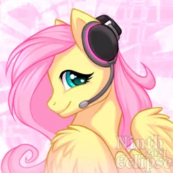 Size: 1000x1000 | Tagged: safe, artist:nintheclipse, derpibooru import, fluttershy, pegasus, pony, abstract background, bust, cute, female, gamer fluttershy, headset, heart eyes, image, looking at you, looking back, looking back at you, mare, png, portrait, profile picture, shyabetes, smiling, smiling at you, solo, wingding eyes