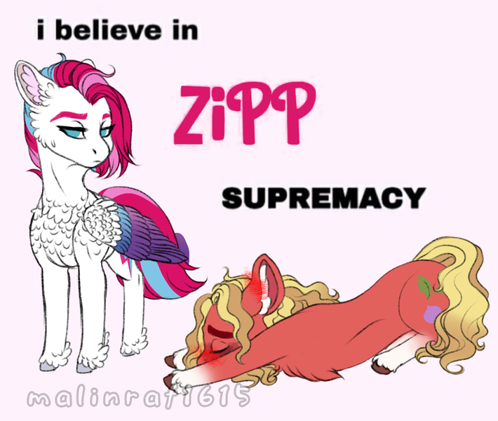 Size: 1481x1252 | Tagged: safe, artist:malinraf1615, derpibooru import, sprout cloverleaf, zipp storm, pony, bowing, g5, image, meme, png, supremacy, supremacy meme, zipp is not amused