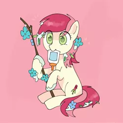 Size: 1024x1024 | Tagged: safe, artist:omelettepony, derpibooru import, roseluck, earth pony, pony, student counsel, cute, cuteluck, female, flower, glue, glue bottle, image, jpeg, mare, mouth hold, simple background, sitting, solo, stick