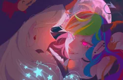 Size: 1680x1093 | Tagged: safe, artist:yueyong996, derpibooru import, applejack, rainbow dash, human, appledash, devil horns, devil tail, female, glow, glowing eyes, halloween, hat, holiday, horns, humanized, image, jpeg, lesbian, shipping, sticking tongue out, tail, witch hat
