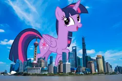 Size: 2396x1604 | Tagged: safe, artist:andoanimalia, derpibooru import, twilight sparkle, twilight sparkle (alicorn), alicorn, pony, china, female, giant alicorn, giant pony, giantess, highrise ponies, image, irl, macro, mare, mega giant, photo, png, ponies in real life, shanghai, twizilla