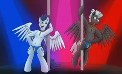 Size: 7064x4284 | Tagged: suggestive, artist:tacomytaco, derpibooru import, soarin', thunderlane, pegasus, pony, belly button, bipedal, clothes, collar, crotch bulge, image, male, males only, png, pole dancing, speedo, spread wings, stripper pole, tongue out, underwear, wings