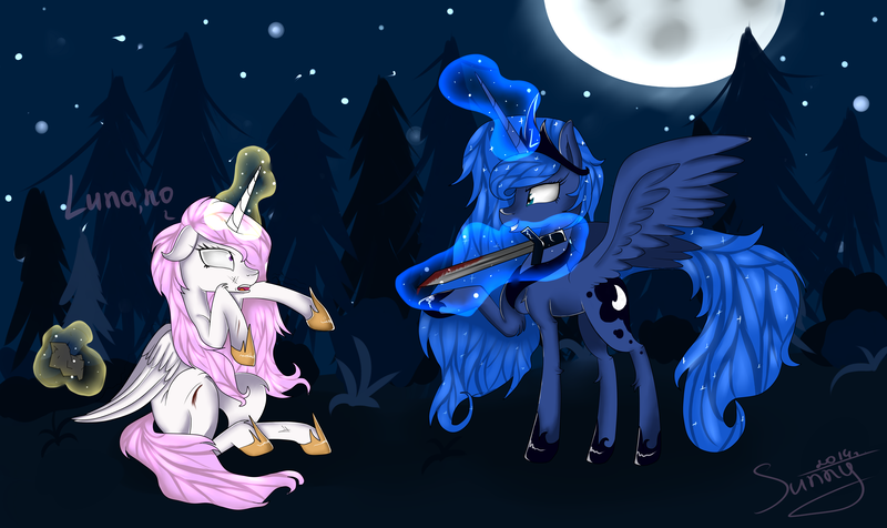 Size: 4200x2500 | Tagged: semi-grimdark, artist:herusann, derpibooru import, princess celestia, princess luna, alicorn, pony, 2014, blood, female, forest, full moon, glow, glowing horn, hoof shoes, horn, image, jewelry, magic, mare, moon, night, outdoors, pink-mane celestia, png, scared, stars, sword, telekinesis, tiara, tree, weapon