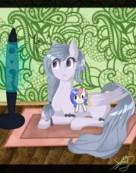 Size: 1836x2347 | Tagged: safe, artist:herusann, derpibooru import, oc, unofficial characters only, pegasus, pony, eyelashes, female, frown, image, indoors, lava lamp, lying down, mare, pegasus oc, plushie, png, prone, signature, wings