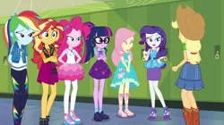 Size: 1920x1078 | Tagged: safe, derpibooru import, screencap, applejack, fluttershy, pinkie pie, rainbow dash, rarity, sci-twi, sunset shimmer, twilight sparkle, equestria girls, equestria girls series, holidays unwrapped, spoiler:eqg series (season 2), humane five, humane seven, humane six, image, o come all ye squashful, png