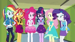 Size: 1920x1074 | Tagged: safe, derpibooru import, screencap, fluttershy, pinkie pie, rainbow dash, rarity, sci-twi, sunset shimmer, twilight sparkle, equestria girls, equestria girls series, holidays unwrapped, spoiler:eqg series (season 2), image, o come all ye squashful, png