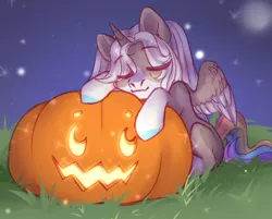 Size: 1401x1128 | Tagged: safe, artist:nika-rain, derpibooru import, oc, alicorn, pony, chibi, commission, cute, image, night, png, pumpkin, solo, ych result