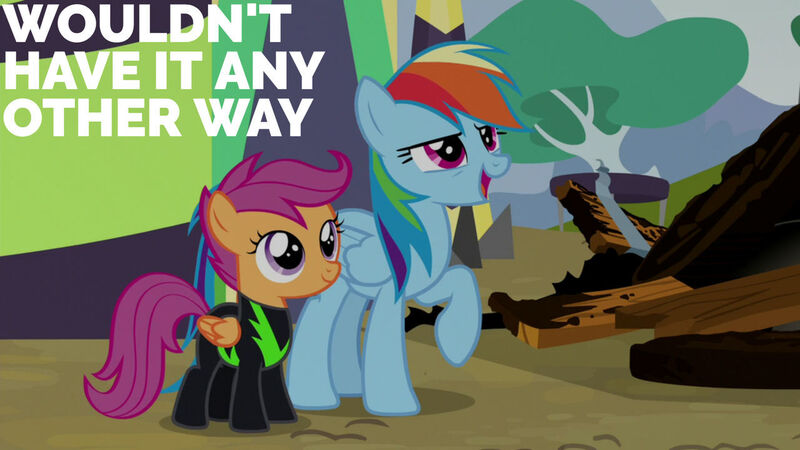 Size: 1280x720 | Tagged: safe, derpibooru import, edit, edited screencap, editor:quoterific, screencap, rainbow dash, scootaloo, pegasus, pony, season 8, the washouts (episode), spoiler:s08, female, filly, image, jpeg, mare, open mouth, open smile, smiling, the washouts