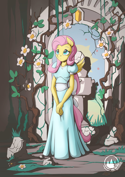 Size: 955x1351 | Tagged: safe, artist:mysticalpha, derpibooru import, fluttershy, anthro, clothes, dress, image, jpeg, solo