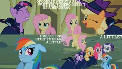 Size: 1280x720 | Tagged: safe, derpibooru import, edit, edited screencap, editor:quoterific, screencap, applejack, fluttershy, mare do well, pinkie pie, rainbow dash, rarity, twilight sparkle, earth pony, pegasus, pony, unicorn, season 2, the mysterious mare do well, ^^, eyes closed, female, floppy ears, grin, hat, image, jpeg, mane six, mare, mare do well costume, one eye closed, open mouth, open smile, smiling, unicorn twilight, wink