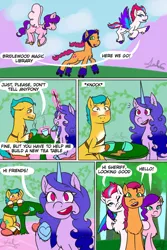 Size: 640x960 | Tagged: safe, artist:hitchpippetals, derpibooru import, hitch trailblazer, izzy moonbow, pipp petals, sunny starscout, zipp storm, earth pony, pegasus, pony, unicorn, comic:bridlewood library, my little pony: a new generation, chest fluff, comic, flying, g5, image, mane five (g5), one eye closed, png, speech bubble