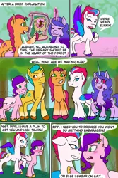 Size: 640x960 | Tagged: safe, artist:hitchpippetals, derpibooru import, hitch trailblazer, izzy moonbow, pipp petals, sunny starscout, zipp storm, earth pony, pegasus, pony, unicorn, comic:bridlewood library, my little pony: a new generation, blushing, chest fluff, comic, eyes closed, flying, g5, glow, glowing horn, horn, image, implied hitchpipp, mane five (g5), one eye closed, png, speech bubble