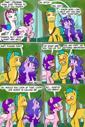 Size: 640x960 | Tagged: safe, artist:hitchpippetals, derpibooru import, hitch trailblazer, izzy moonbow, pipp petals, sunny starscout, zipp storm, earth pony, pegasus, pony, unicorn, comic:bridlewood library, my little pony: a new generation, chest fluff, comic, eyes closed, female, flying, g5, hitchpipp, image, male, mane five (g5), one eye closed, png, shipping, speech bubble, straight