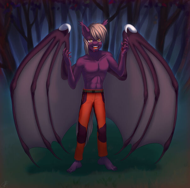 Size: 1280x1271 | Tagged: safe, artist:tigra0118, derpibooru import, oc, anthro, bat pony, vampire, canines, commission, dark forest, digital art, halloween, holiday, image, jpeg, male, my little pony, solo, torso, ych result