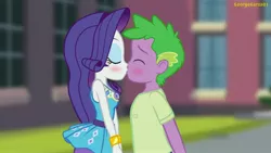 Size: 3640x2048 | Tagged: safe, artist:georgegarza01, derpibooru import, rarity, spike, human, equestria girls, blushing, eyes closed, female, geode of shielding, human spike, humanized, image, jpeg, kissing, magical geodes, male, rarity peplum dress, shipping, sparity, story included, straight