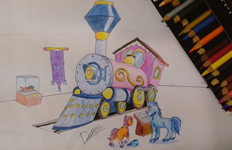 Size: 1024x664 | Tagged: safe, artist:discbreaker100, derpibooru import, sunny starscout, earth pony, pony, argyle starshine, duo, father and child, father and daughter, female, g5, image, jpeg, male, traditional art, train