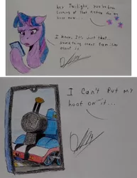 Size: 1116x1442 | Tagged: safe, artist:discbreaker100, derpibooru import, twilight sparkle, pony, crossover, crossover shipping, dialogue, image, implied fluttershy, implied twitom, mobile phone, phone, png, shipping, smartphone, thomas the tank engine, traditional art, train