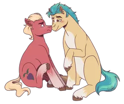 Size: 3200x2700 | Tagged: safe, artist:kikirdcz, derpibooru import, hitch trailblazer, sprout cloverleaf, earth pony, pony, bedroom eyes, blushing, boop, commission, g5, gay, hitchsprout, image, looking at each other, male, markings, noseboop, nuzzling, png, raised hoof, raised leg, shipping, simple background, sitting, stallion, transparent background, unshorn fetlocks