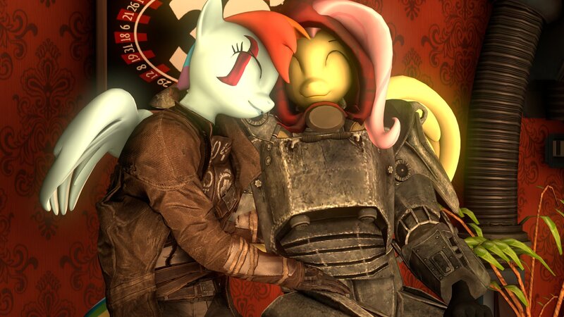 Size: 1920x1080 | Tagged: safe, artist:gunchapredsfm, derpibooru import, fluttershy, rainbow dash, anthro, fallout equestria, 3d, fallout, fallout: new vegas, female, flutterdash, image, jpeg, lesbian, shipping, source filmmaker