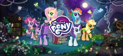 Size: 1666x768 | Tagged: safe, derpibooru import, official, applejack, fluttershy, pinkie pie, rainbow dash, rarity, twilight sparkle, butterfly, changeling, insect, pony, book, bookshelf, candle, changeling mane six, changeling six, changelingified, female, full moon, g4, gameloft, image, loading screen, mane six, mare, moon, mushroom, my little pony logo, night, png, species swap, video game