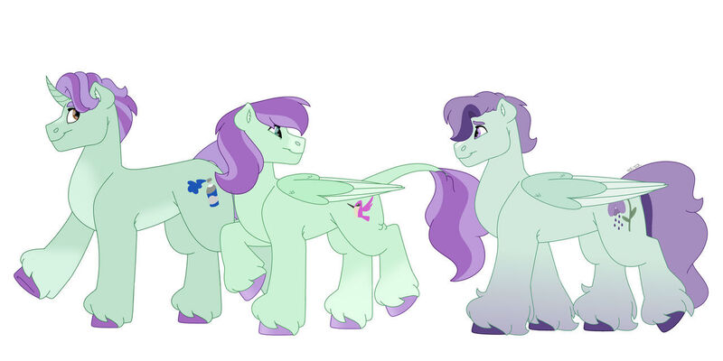 Size: 1280x640 | Tagged: safe, artist:itstechtock, derpibooru import, oc, oc:mistflower, oc:soaring virtue, oc:spray away, unofficial characters only, pegasus, pony, unicorn, female, image, jpeg, male, mare, parent:ivy vine, parent:november rain, simple background, stallion, white background