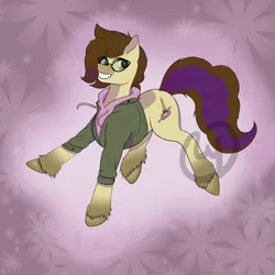 Size: 2032x2033 | Tagged: safe, artist:lyuwill, derpibooru import, oc, oc:cj vampire, earth pony, pony, bomber jacket, brown mane, brown tail, clothes, cutie mark, ears forward, ears up, fanart, glasses, green eyes, happy, hoodie, hooves, image, jacket, jpeg, jumping, looking at you, looking back, looking back at you, muzzle, photo, purple hoodie, purple tail highlight, solo, tail, unshorn fetlocks