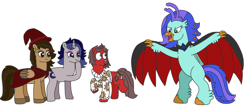 Size: 3881x1731 | Tagged: safe, artist:supahdonarudo, derpibooru import, oc, oc:hazelnut brew, oc:ironyoshi, oc:moonlit silver, oc:sea lilly, unofficial characters only, classical hippogriff, hippogriff, pegasus, unicorn, vampire, cape, clothes, costume, fangs, halloween, hat, holiday, image, png, scared, simple background, sweater, transparent background, witch, witch hat