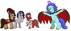 Size: 3881x1731 | Tagged: safe, artist:supahdonarudo, derpibooru import, oc, oc:hazelnut brew, oc:ironyoshi, oc:moonlit silver, oc:sea lilly, unofficial characters only, classical hippogriff, hippogriff, pegasus, unicorn, vampire, cape, clothes, costume, fangs, halloween, hat, holiday, image, png, scared, simple background, sweater, transparent background, witch, witch hat