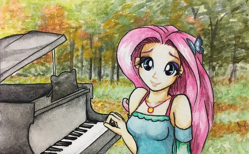 Size: 975x603 | Tagged: safe, artist:astevenamedwolf, derpibooru import, fluttershy, equestria girls, autumn, female, forest, image, jpeg, musical instrument, piano, solo, traditional art, tree