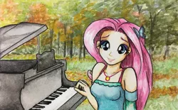 Size: 975x603 | Tagged: safe, artist:astevenamedwolf, derpibooru import, fluttershy, equestria girls, autumn, female, forest, image, jpeg, musical instrument, piano, solo, traditional art, tree