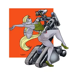 Size: 1280x1382 | Tagged: suggestive, artist:roemesquita, derpibooru import, derpy hooves, anthro, pegasus, robot, breasts, butt, clothes, commission, commissioner curator85, crossover, deviantart watermark, image, johnny 5, jpeg, obtrusive watermark, raised eyebrow, saturday night fever, short circuit, simple background, swimsuit, watermark