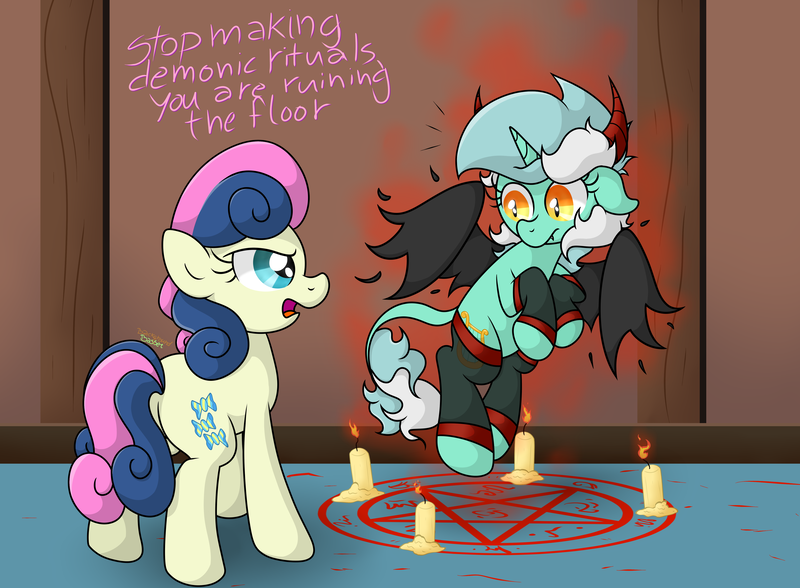 Size: 5146x3783 | Tagged: safe, artist:background basset, derpibooru import, bon bon, lyra heartstrings, sweetie drops, demon, demon pony, earth pony, original species, unicorn, bon bon is not amused, clothes, demon wings, duo, horns, image, pentagram, png, socks, unamused, wings