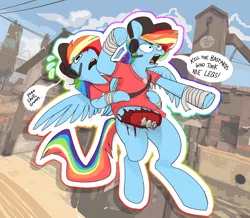 Size: 4022x3500 | Tagged: semi-grimdark, artist:fiyawerks, derpibooru import, rainbow dash, pegasus, pony, 2fort, angry, clothes, corpse carrier, dialogue, funny, holding, holding a pony, image, jpeg, meme, rainbow scout, scout, team fortress 2, vulgar, waist grab