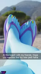 Size: 2160x3840 | Tagged: safe, artist:shadowboltsfm, derpibooru import, rainbow dash, anthro, plantigrade anthro, 3d, 4k, beach, blender, crossed legs, feet, fetish, flip-flops, foot fetish, foot focus, image, legs, nail polish, not sfm, png, snapchat, toenail polish, toes