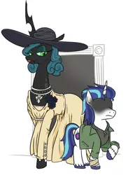 Size: 947x1295 | Tagged: safe, artist:jargon scott, derpibooru import, queen chrysalis, shining armor, changeling, changeling queen, pony, unicorn, bandage, bandaged leg, clothes, costume, dress, ethan winters (resident evil), female, frown, halloween, halloween costume, hat, hidden eyes, holiday, image, infidelity, jacket, jewelry, lady dimitrescu, lipstick, male, necklace, png, raised hoof, resident evil 8, shining chrysalis, shipping, smiling, stallion, stitches, straight