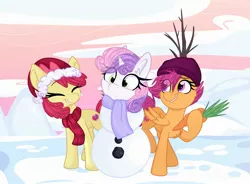 Size: 2594x1904 | Tagged: safe, artist:littleblackraencloud, derpibooru import, apple bloom, scootaloo, sweetie belle, earth pony, pegasus, pony, unicorn, carrot, christmas, clothes, cutie mark crusaders, female, filly, food, hat, holiday, image, jpeg, scarf, snow, snowman, winter