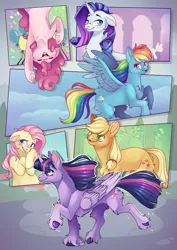 Size: 2896x4096 | Tagged: safe, artist:cutepencilcase, derpibooru import, applejack, fluttershy, pinkie pie, rainbow dash, rarity, twilight sparkle, twilight sparkle (alicorn), alicorn, earth pony, pegasus, pony, unicorn, blushing, cheek fluff, chest fluff, colored pupils, cute, eyes closed, female, floppy ears, hatless, high res, image, leg fluff, mane six, mare, missing accessory, open mouth, out of frame, panels, png, unshorn fetlocks
