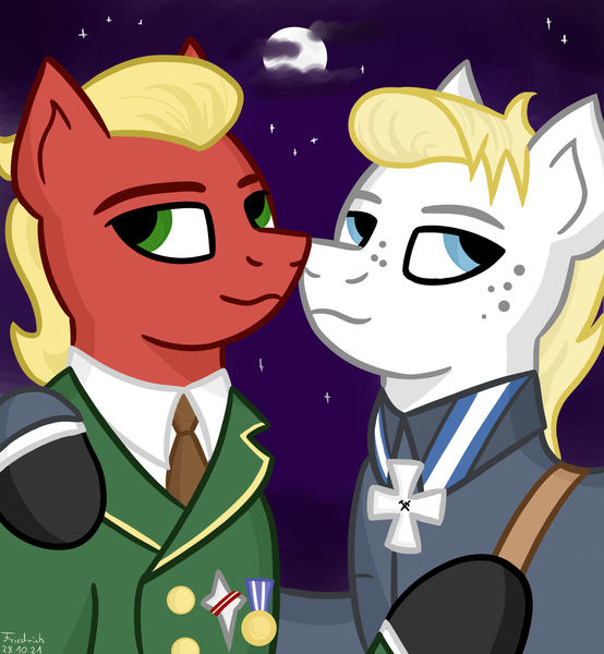 Size: 1200x1300 | Tagged: safe, artist:friedrich911, derpibooru import, sprout cloverleaf, oc, oc:aris vetra, pony, clothes, emperor sprout, fanart, g5, image, male, night, png, ponysona, sky, stallion, uniform