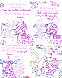 Size: 4779x6013 | Tagged: safe, artist:adorkabletwilightandfriends, derpibooru import, spike, twilight sparkle, twilight sparkle (alicorn), alicorn, spider, comic:adorkable twilight and friends, adorkable, adorkable twilight, bed, bedroom, blanket, calm, calm down, clock, comic, cute, dork, family, horror, humor, image, love, nervous, open mouth, pillow, png, scared, sheet, sleeping, slice of life, tissue, tissue box, wuvs