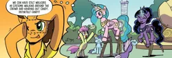 Size: 1316x447 | Tagged: safe, artist:pencils, derpibooru import, idw, cheese sandwich, unnamed character, earth pony, pony, spoiler:comic, spoiler:comic94, background pony, bipedal, clothes, costume, fake cutie mark, image, png, season 10