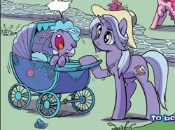 Size: 1029x768 | Tagged: safe, artist:pencils, derpibooru import, idw, unnamed character, earth pony, pony, unicorn, spoiler:comic, spoiler:comic94, background pony, crying, female, foal, hat, image, mother and child, png, season 10