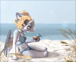 Size: 4300x3500 | Tagged: safe, artist:avroras_world, derpibooru import, oc, unofficial characters only, alicorn, anthro, pony, unguligrade anthro, beach, bikini, clothes, female, image, mare, ocean, png, smiling, solo, solo female, summer, swimsuit, wings