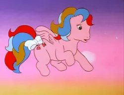 Size: 703x540 | Tagged: safe, derpibooru import, screencap, whizzer, pegasus, pony, twinkle eyed pony, my little pony 'n friends, the glass princess, bow, cloud, cute, eye scar, female, flapping, flying, g1, image, jpeg, mare, open mouth, open smile, scar, sky, smiling, tail, tail bow, whizzabetes