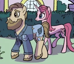 Size: 410x353 | Tagged: safe, artist:pencils, derpibooru import, idw, unnamed character, earth pony, pony, unicorn, spoiler:comic, spoiler:comic95, background pony, beard, clothes, facial hair, image, png, season 10