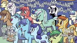 Size: 1364x766 | Tagged: safe, artist:pencils, derpibooru import, idw, bon bon, coco pommel, lyra heartstrings, sweetie drops, unnamed character, earth pony, pony, unicorn, spoiler:comic, spoiler:comic95, background pony, facial hair, image, jpeg, season 10