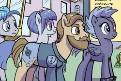 Size: 608x412 | Tagged: safe, artist:pencils, derpibooru import, idw, unnamed character, earth pony, pegasus, pony, spoiler:comic, spoiler:comic95, background pony, beard, clothes, eyepatch, facial hair, image, png, season 10